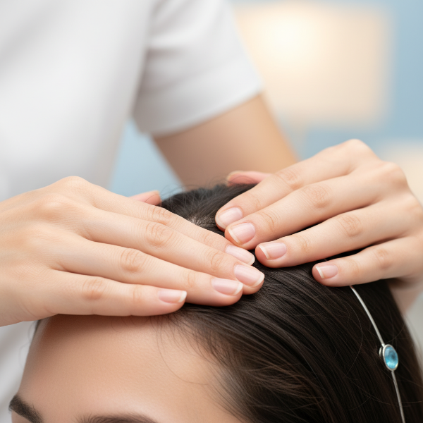 손가락으로 두피를 부드럽게 마사지하는 모습, 혈액순환 개선을 돕는 두피 마사지 방법