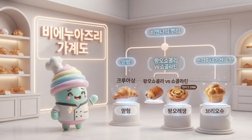 쫀쿠가 현대적인 '비에누아즈리 쇼케이스' 앞에서 가계도를 완성하여 보여주고 있습니다. 최상단에는 '비엔나의 뿌리'가 있고, 그 아래로 라미네이션 형제들인 '크루아상'(맏형), '팡오쇼콜라 vs 쇼콜라틴'(쌍둥이 논쟁), '팡오레쟁'(덴마크 DNA)이 진열되어 있습니다. 논라미네이션 계열의 왕 '브리오슈'도 한자리를 차지하고 있습니다. 쫀쿠가 각 빵의 특징을 홀로그램으로 띄우며 설명합니다.