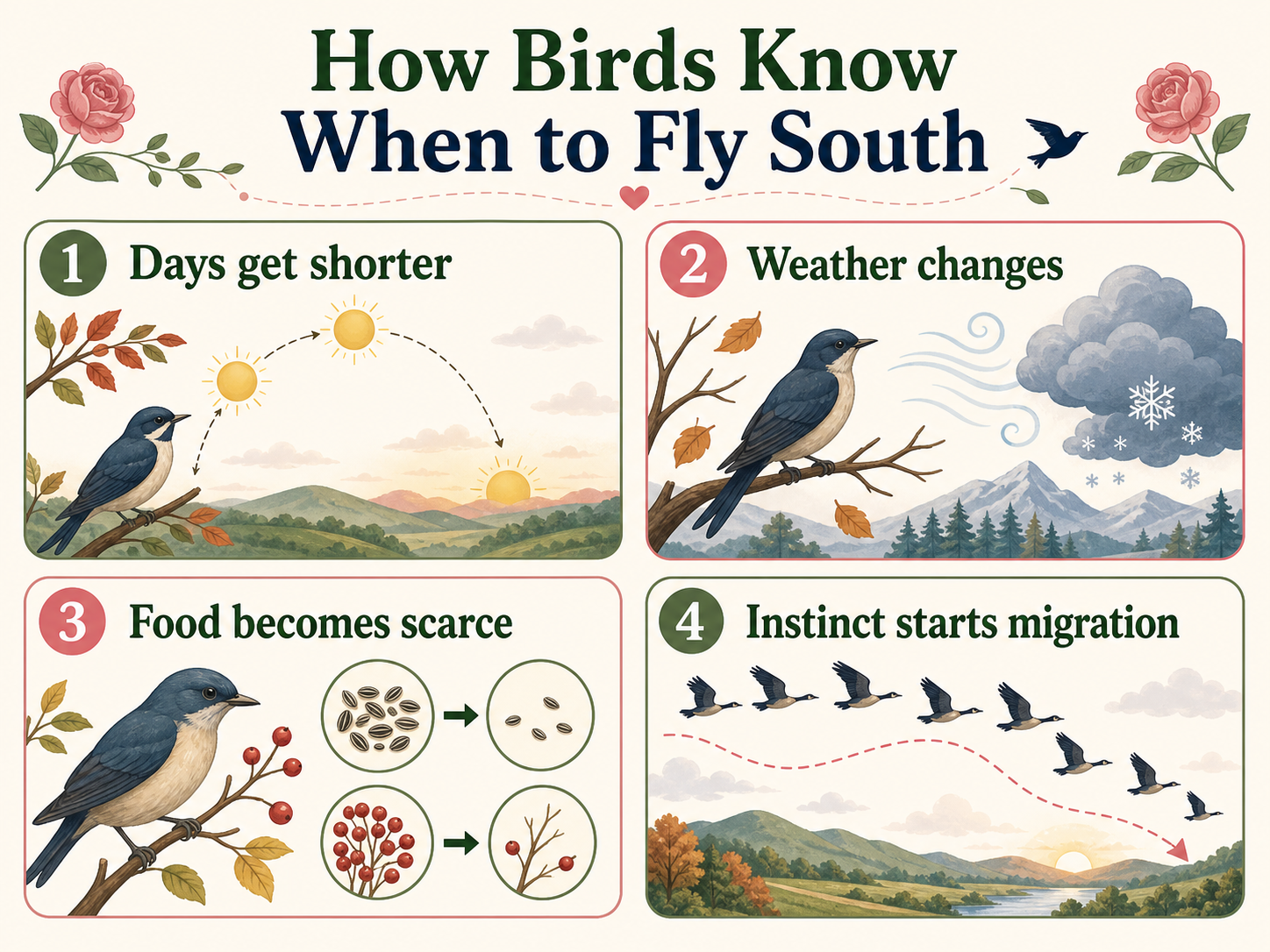 Infographic explaining how birds know when to fly south
