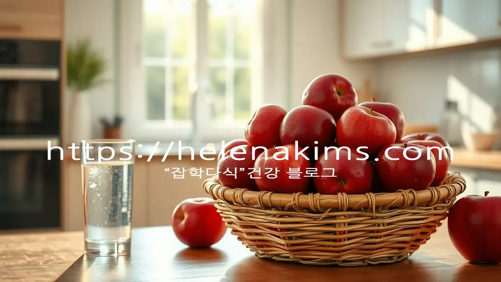 깨끗한 주방 식탁 위에 유리컵에 물 한 잔과 대나무 바구니에 담긴 빨간 사과 모습.