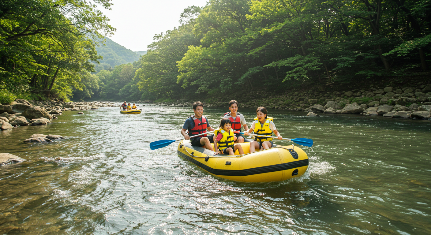 강원도 인제 내린천에서 래프팅을 즐기는 가족