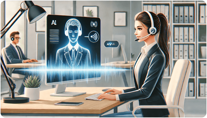 사무실에서 AI 와 대화 하는 여직원 이미지