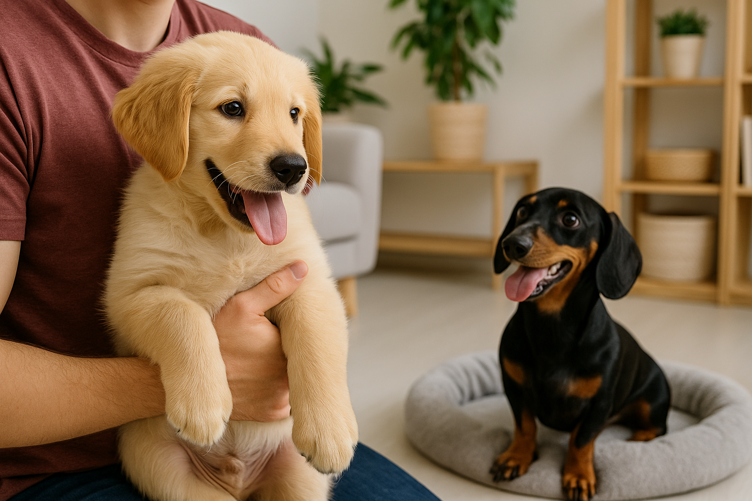 닥스훈트 1마리가 바닥에 앉아있고 사람이 리트리버 강아지를 안고 있음