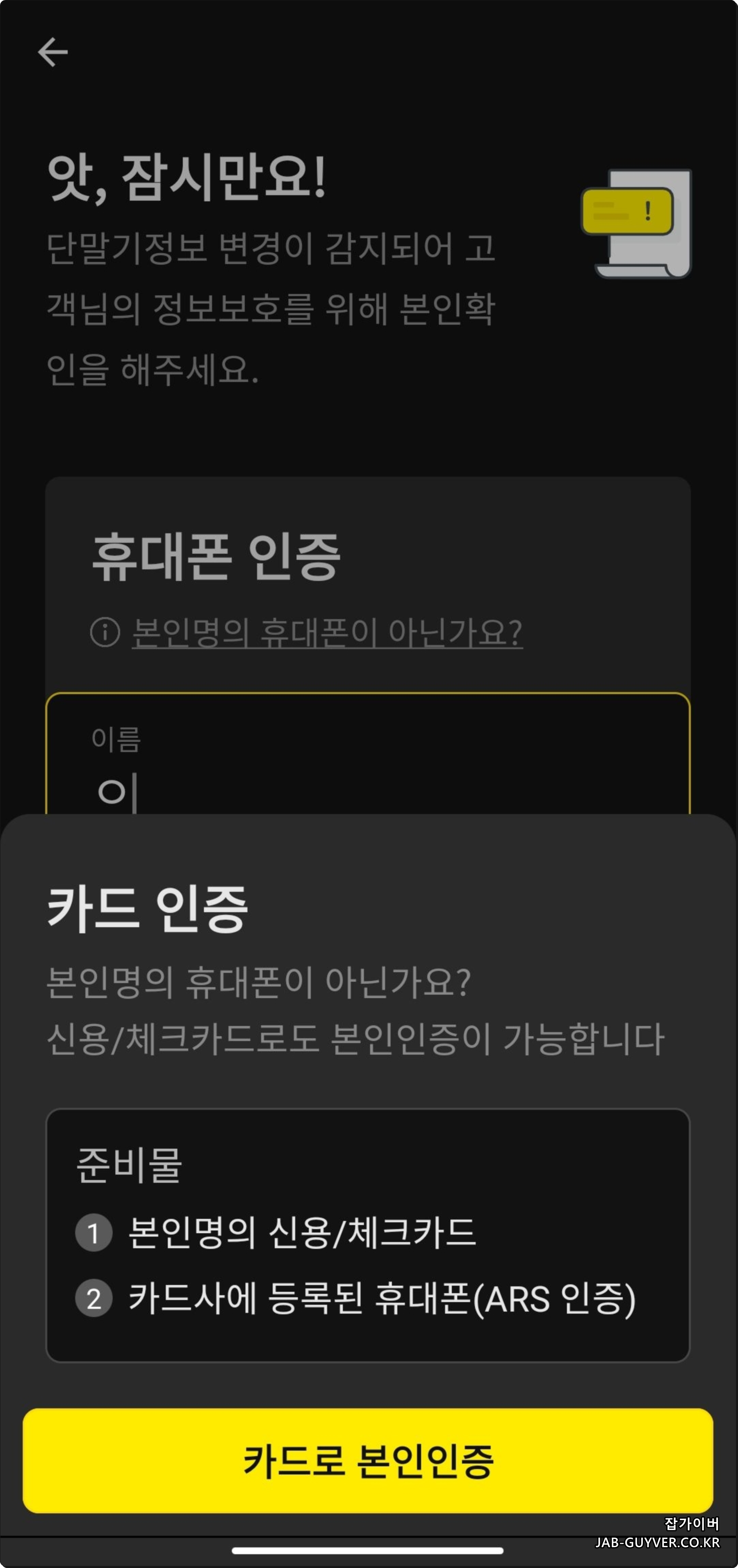 카카오페이 금융인증서 발급 화면