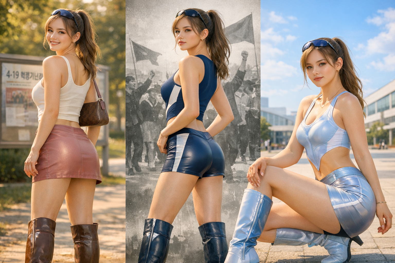 봄 햇살 속 캠퍼스의 현재, 4&middot;19의 역사, 그리고 오늘의 자유를 하나로 잇는 여대생 시선을 담은 이미지.