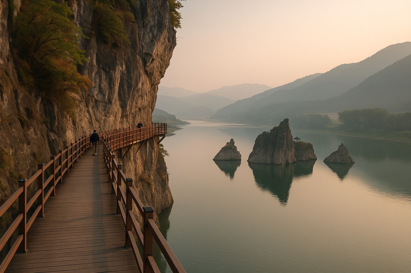 잔도길 옆 호수 풍경 사진