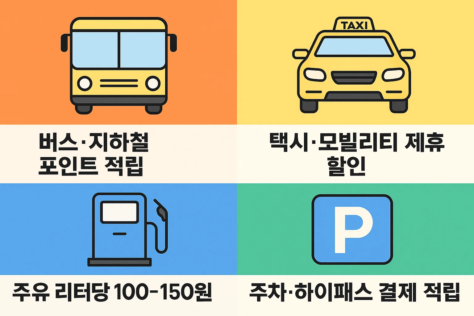 버스&middot;지하철 포인트 적립, 택시&middot;모빌리티 제휴 할인, 주유 리터당 100~150원 적립, 주차&middot;하이패스 결제 혜택 등 2025년 주요 교통 관련 신용카드 혜택을 한눈에 보여주는 인포그래픽.