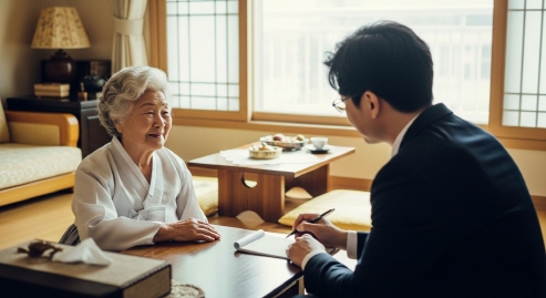 거실에서 조사원이 노인과 상담
