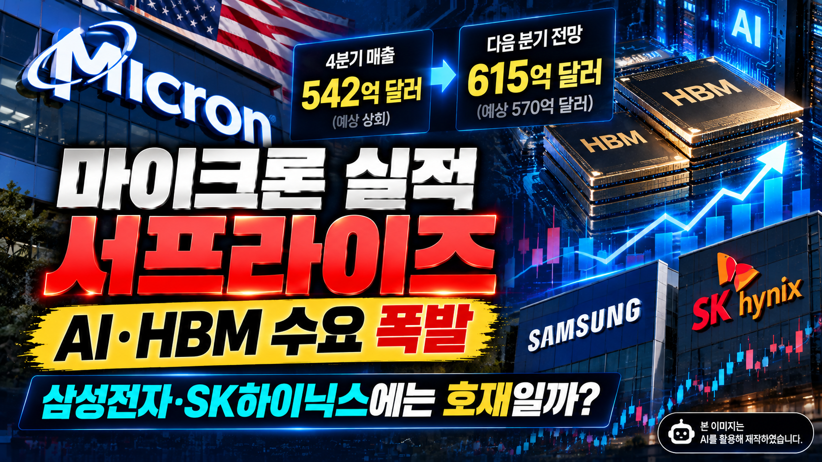 마이크론 실적 서프라이즈와 AI·HBM 수요 증가, 삼성전자·SK하이닉스 반도체 업황 영향을 표현한 이미지