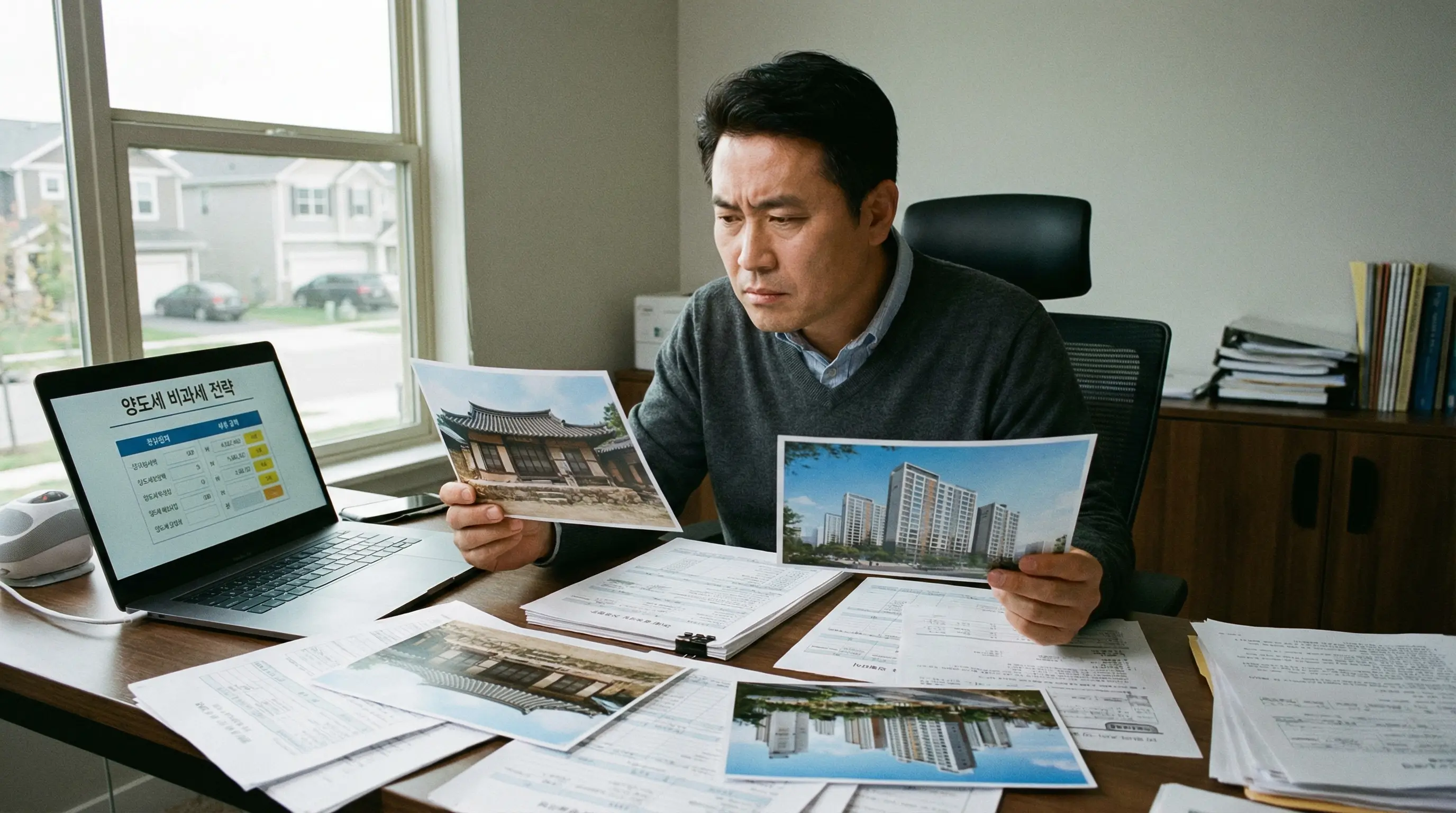 상속받은 주택과 기존 주택 중 어떤 것을 먼저 팔아야 양도세가 비과세되는지 고민하는 상속인의 모습