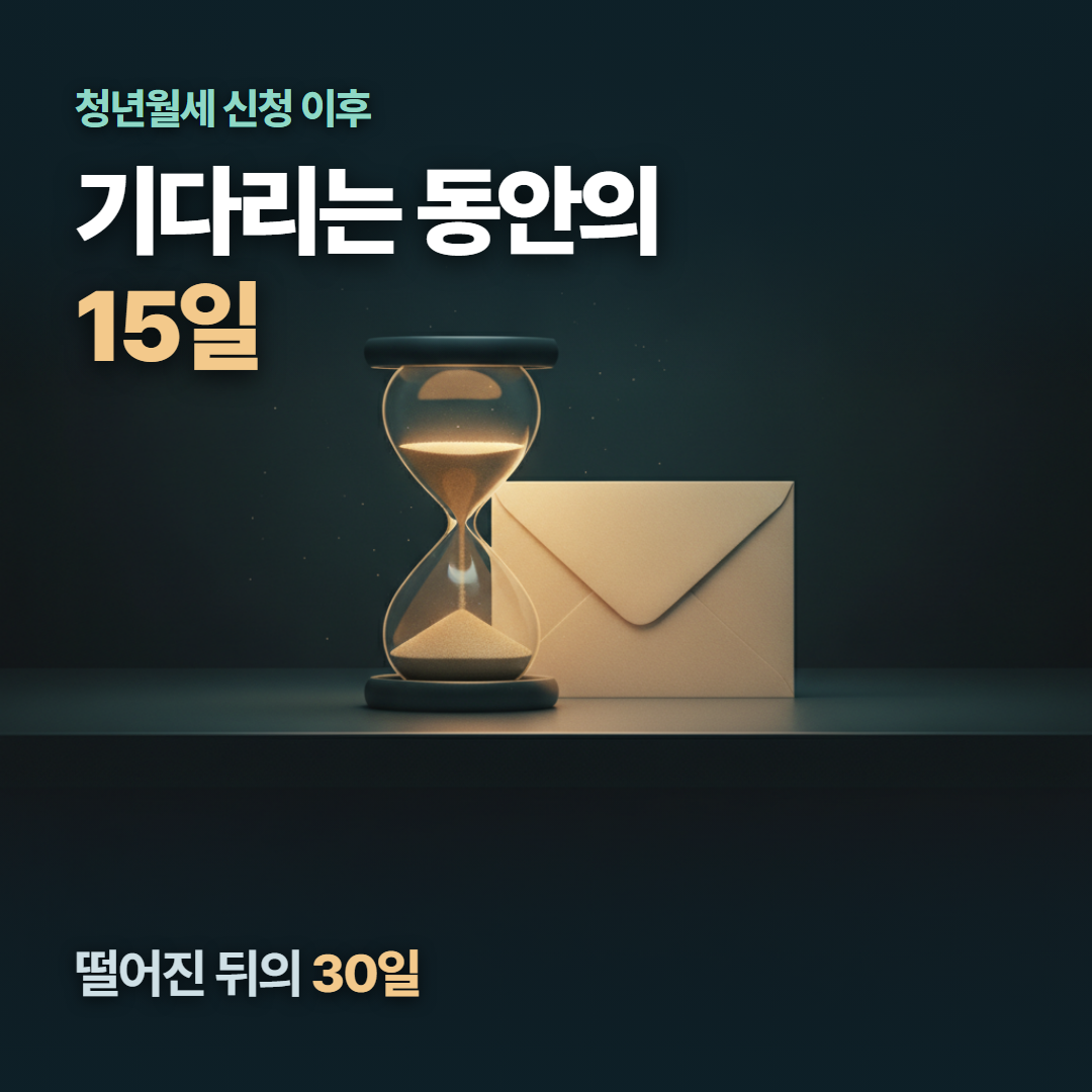 청년월세 신청 이후 기다리는 동안의 15일과 떨어진 뒤의 30일 &mdash; 절반쯤 떨어진 모래시계와 안내 봉투 정물 이미지