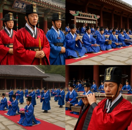 종묘 제례악 연행 장면, 전통 복식을 입은 연주자들과 제례 의식 현장