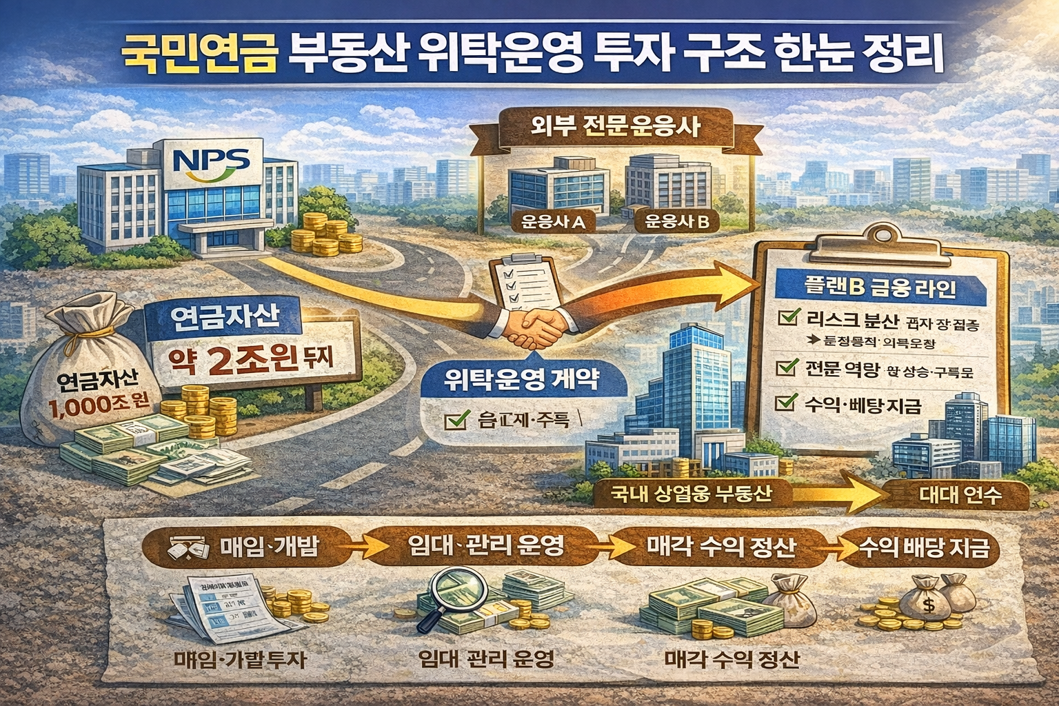 국민연금 연금자산이 국내 부동산에 위탁운영 방식으로 투자되는 구조 설명 이미지