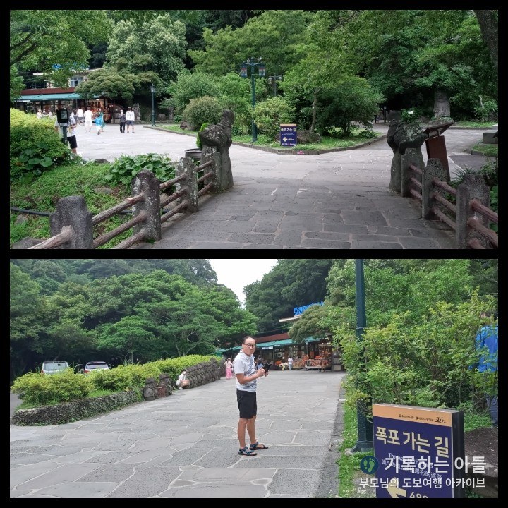 천지연폭포로 향하는 숲길과 "폭포 가는 길" 이정표