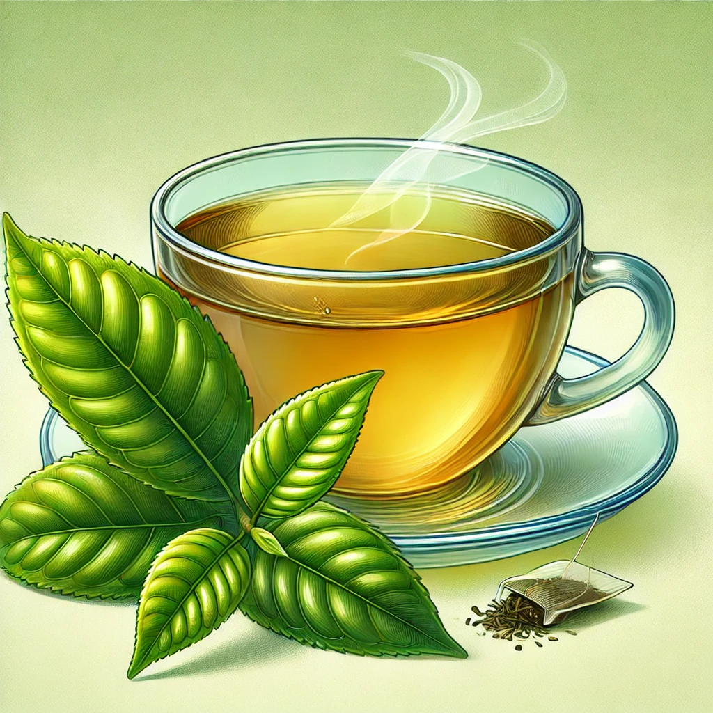 신선한 녹차 잎과 따뜻한 녹차 한 잔