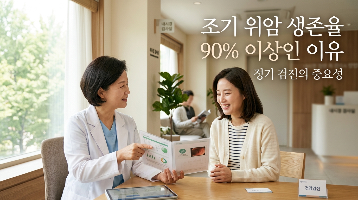 햇살이 은은하게 비치는 아늑하고 신뢰감 주는 건강검진 센터에서 의사와 환자가 밝고 안심하는 표정으로 건강검진 결과를 함께 확인하고 있는 모습. '조기 위암 생존율 90% 이상인 이유', '정기 검진의 중요성'이라는 문구가 적혀 있어, 조기 위암의 높은 완치율과 정기 내시경 검진의 중요성을 시각화함.