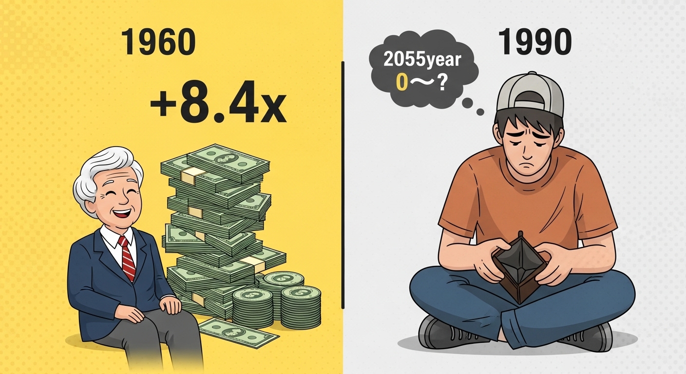 1960년생(웃는 모습)과 1990년생(우는 모습)의 연금 수령액을 극단적으로 비교하는 인포그래픽