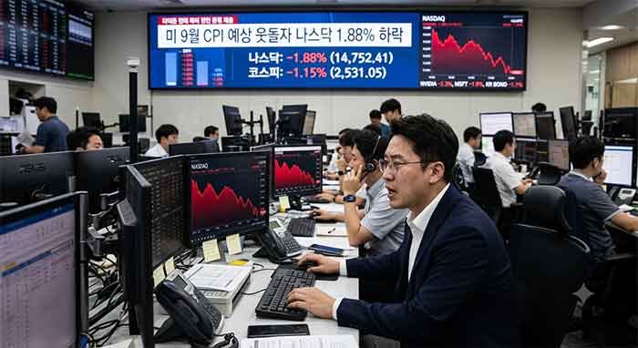 미 CPI 발표 후 나스닥 하락 소식을 보는 증권사 트레이딩룸.