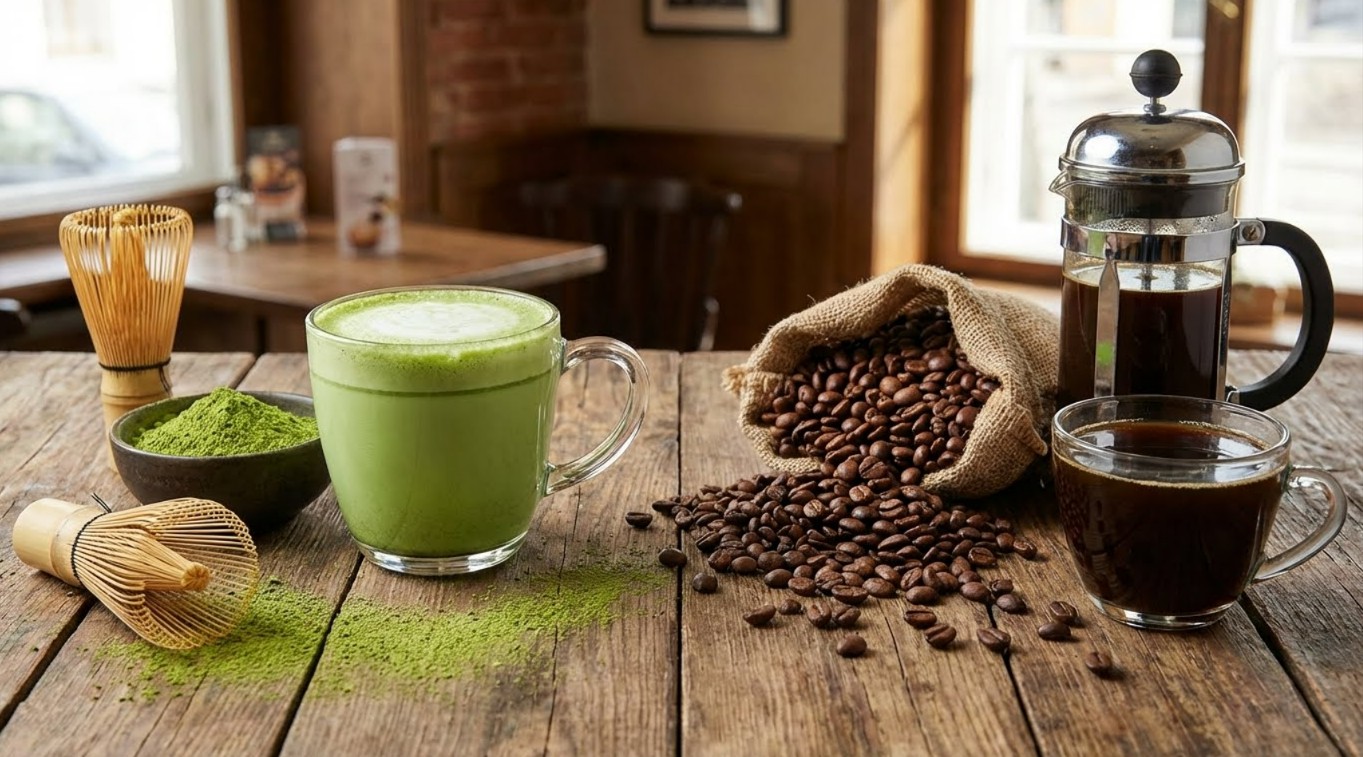 말차라떼와 커피를 비교하는 이미지