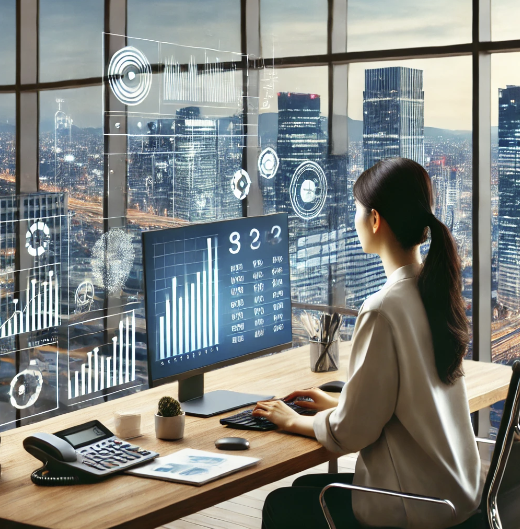 급여 관리 시스템을 운영하는 여성.