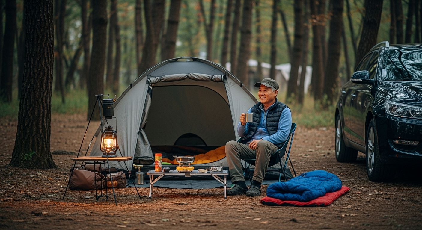 오토캠핑장에서 여유를 가지는 남성 시니어 모습