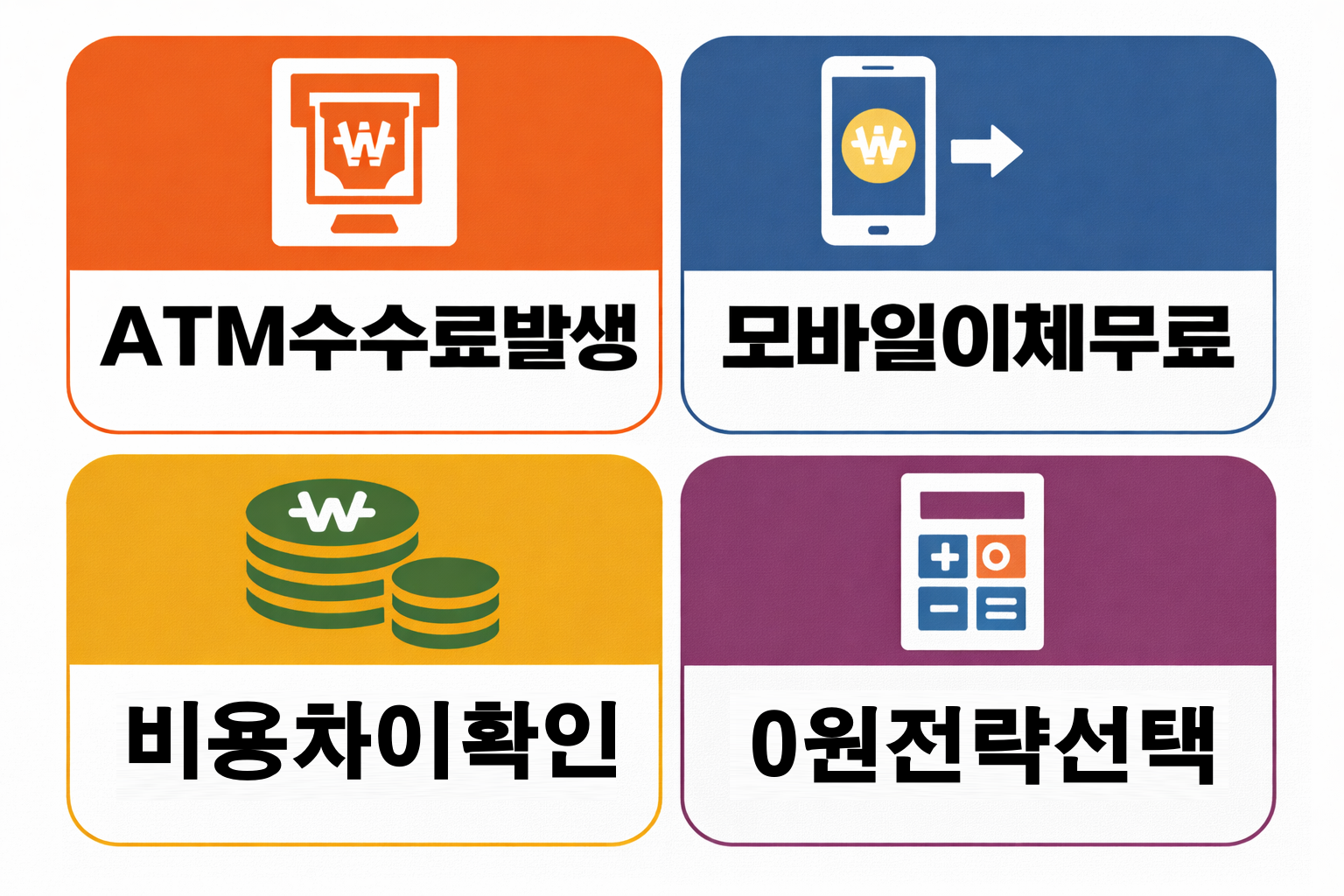 토스 카드 현금 입금 과정에서 ATM 수수료 발생 조건과 모바일 이체 무료 방식의 비용 차이를 비교한 이미지