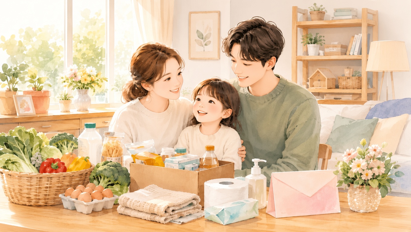 긴급 - 생계지원 물품을 밭은 젊은 가족이 행복해 하고 있다.