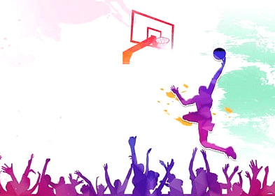 남자 선수가 한 손으로 농구공을 들고 공중 높이 올라 덩크슛을 하고 있다. 땅에선 수많은 관중들이 열광하고 있다.