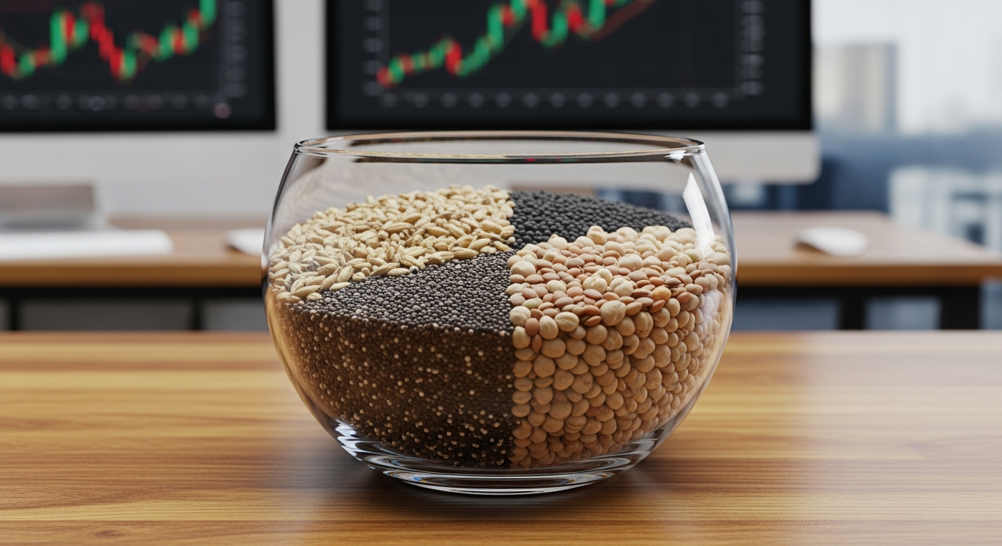 나무 책상 위 유리 그릇에 담긴 여러 종류의 씨앗과 곡물로 S&P 500, TDF, 채권 등 분산 투자된 개인연금저축펀드 포트폴리오를 표현.