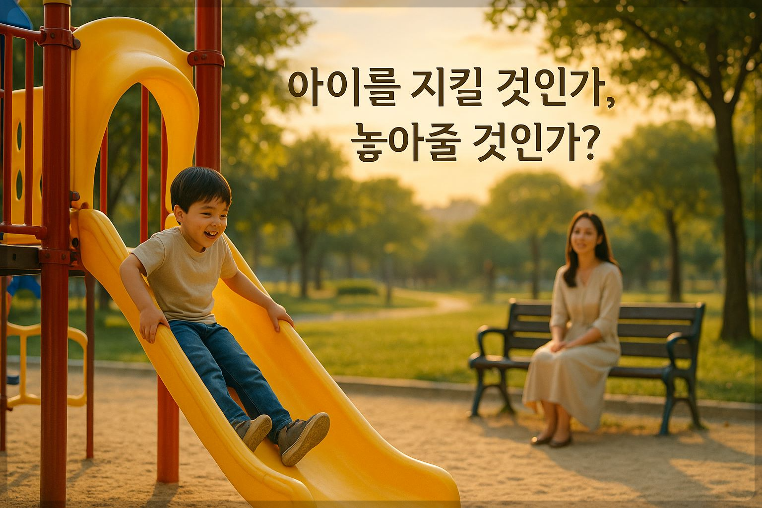 따뜻한 햇살 아래 놀이터에서 놀고 있는 아이를 멀리서 지켜보는 어머니의 모습. 자유와 보호의 균형을 상징하는 장면.