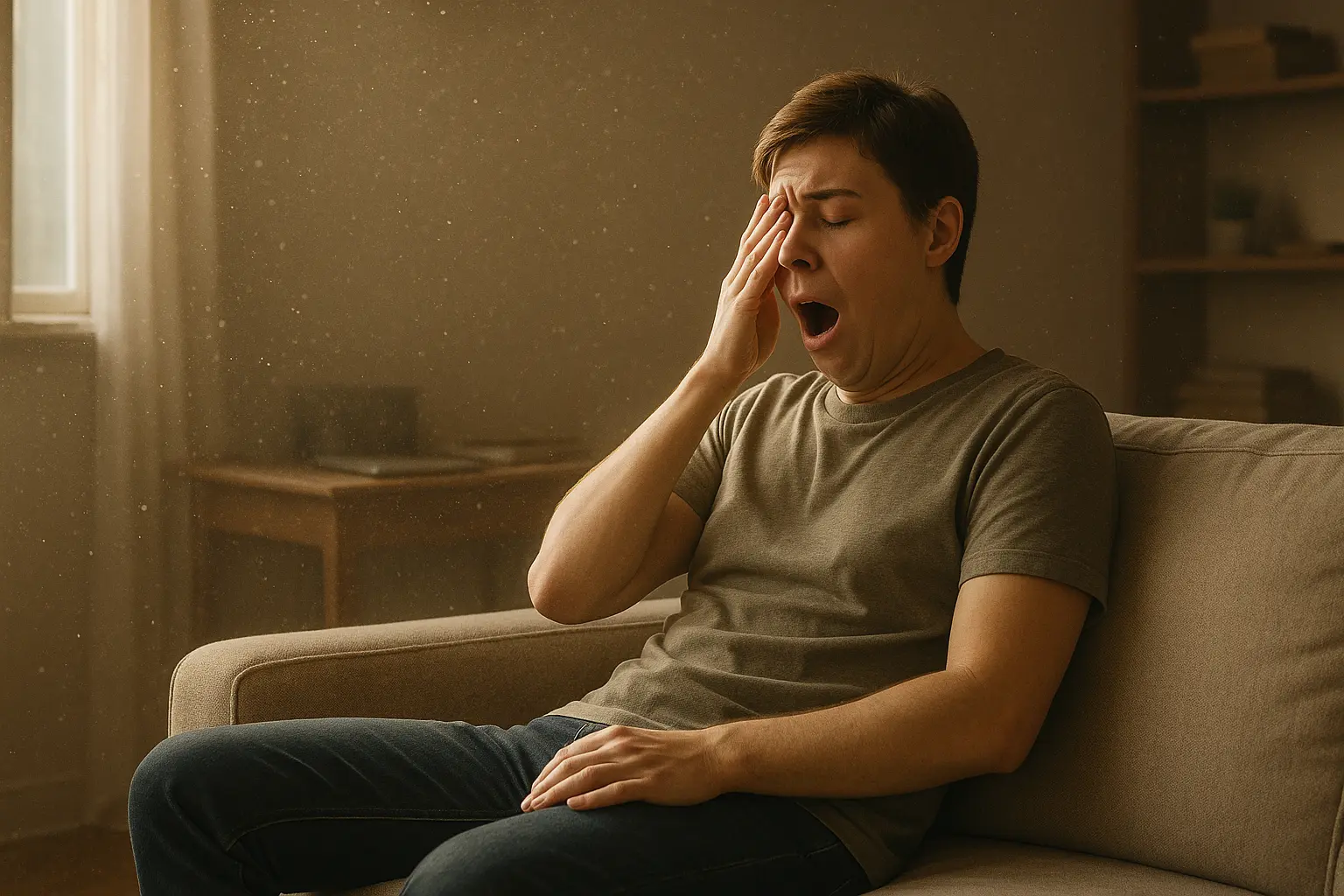 햇빛이-드리운-거실에서-소파에-기대어-하품하는-젊은-성인이-주변의-떠다니는-먼지-입자들로-포위된-모습