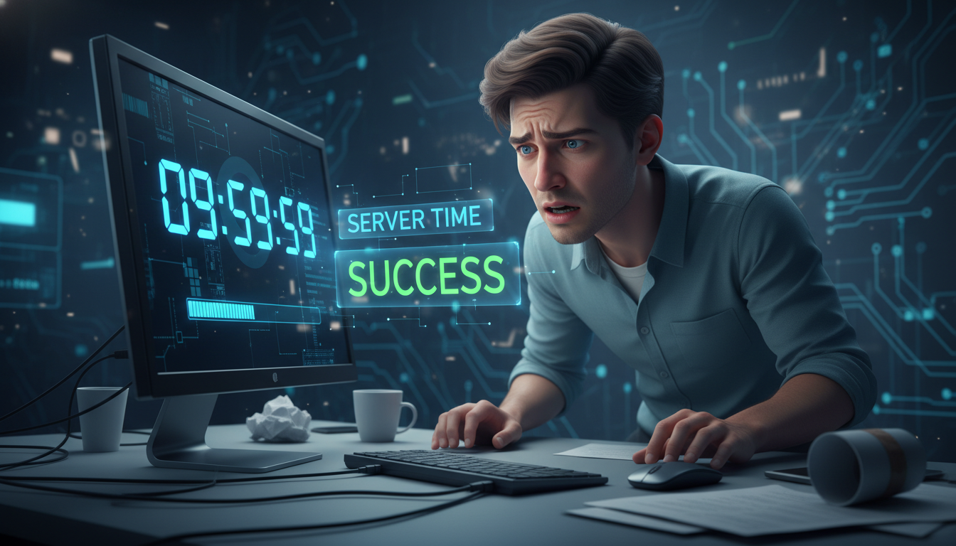 긴장된 표정으로 컴퓨터 화면의 서버 시간을 확인하는 취준생 일러스트