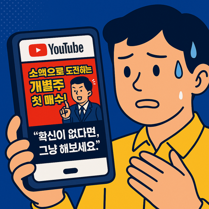김대리가 스마트폰으로 유튜브 영상을 보는 장면. 영상 썸네일에는 '소액으로 도전하는 개별주 첫 매수'라는 자극적인 문구와 함께 &ldquo;확신이 없다면, 그냥 해보세요.&rdquo;라는 문장이 표시되어 있고, 김대리는 당황한 표정으로 화면을 응시한다.