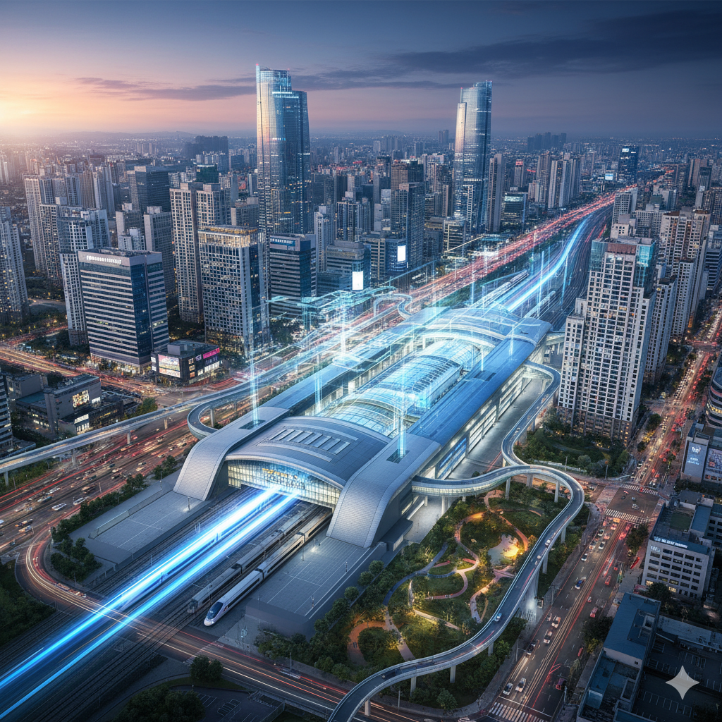 미래지향적인 KTX 천안아산역 광역복합환승센터의 역동적인 모습