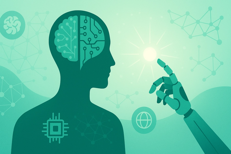 AGI concept thumbnail showing human silhouette with neural-circuit brain and robotic hand reaching to light, teal-green palette, 16:9