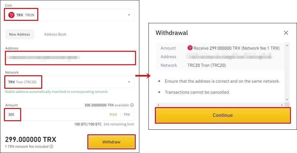 트론 출금 주소, 네트워크, 수량 지정 후 출금 버튼 클릭 중