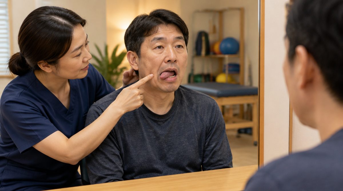 구음장애 언어치료로 입 운동을 하는 편마비 환자