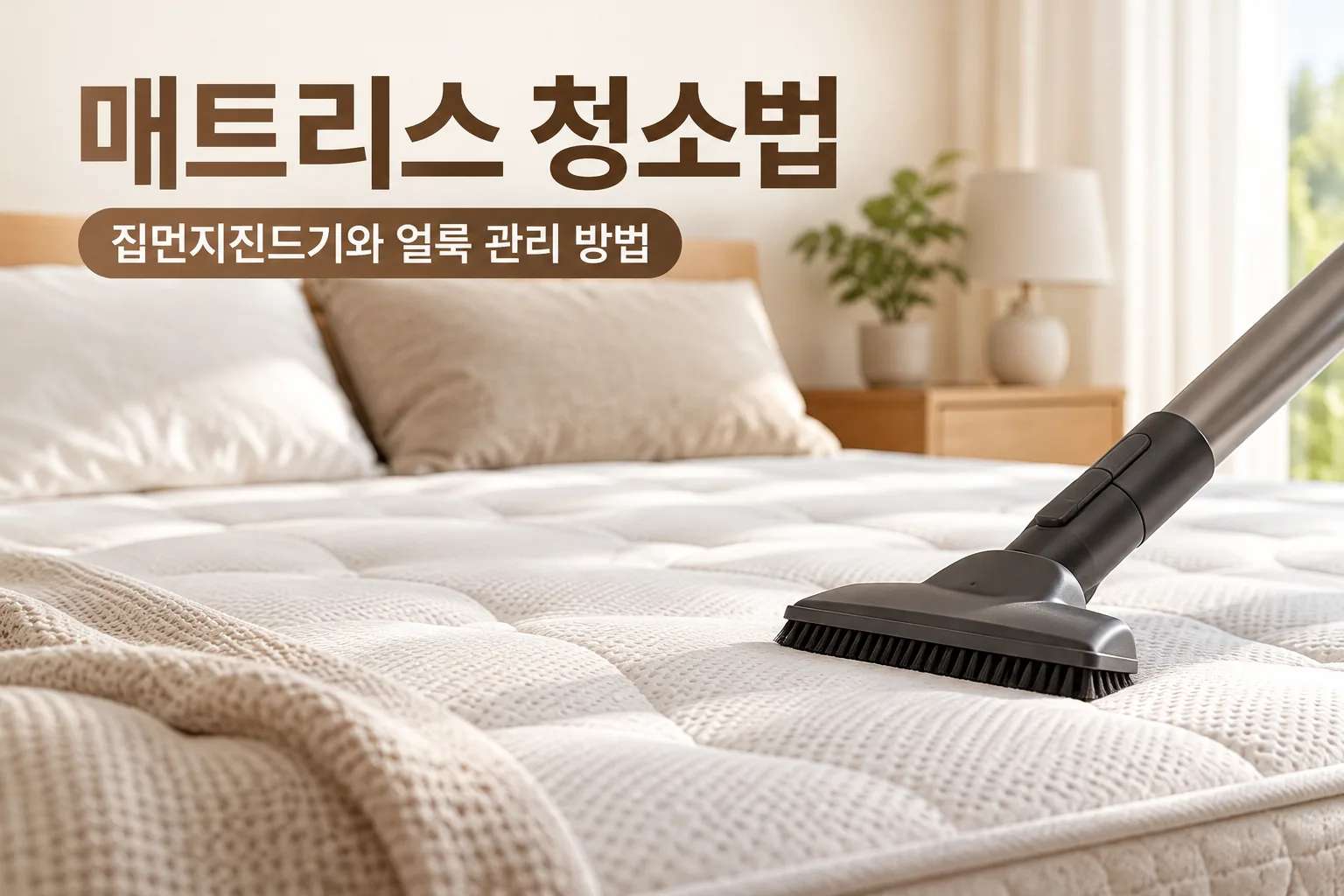 매트리스 표면을 청소기로 청소하는 모습과 집먼지진드기 및 얼룩 관리 방법을 안내하는 매트리스 청소법 썸네일