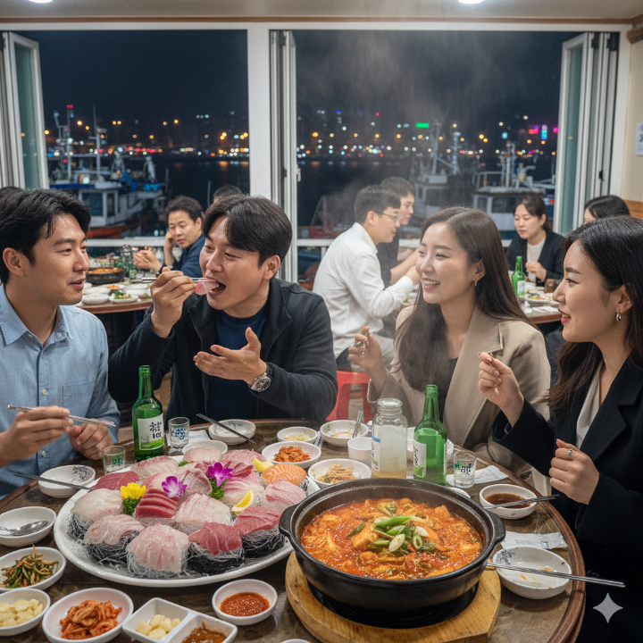 자갈치시장에서 회와 매운탕을 먹는 모습