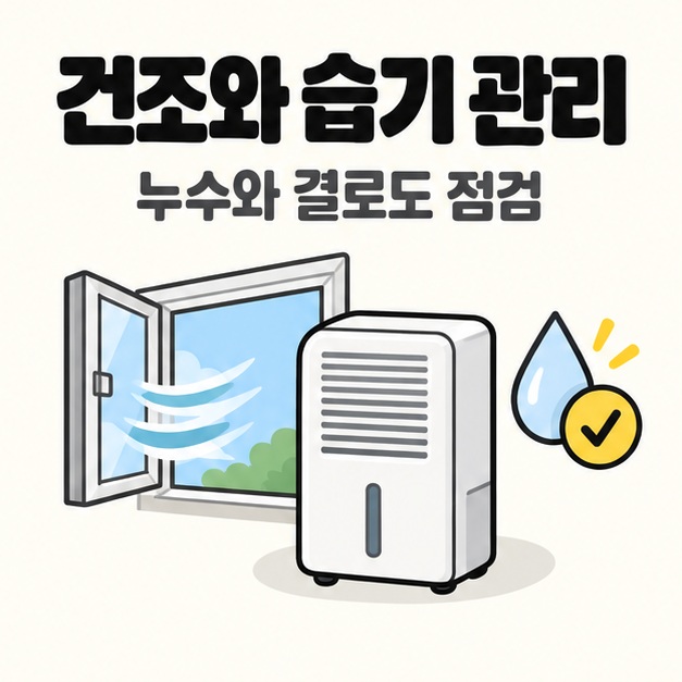 곰팡이 재발을 줄이도록 습기 관리와 누수 점검을 안내하는 창문과 물방울 그림