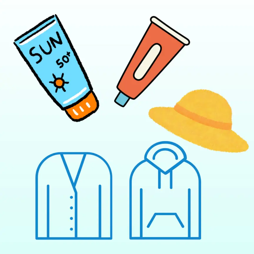 햇빛 알레르기 에방을 위한 준비물 : 선크림,챙넓은 모자,긴팔옷,