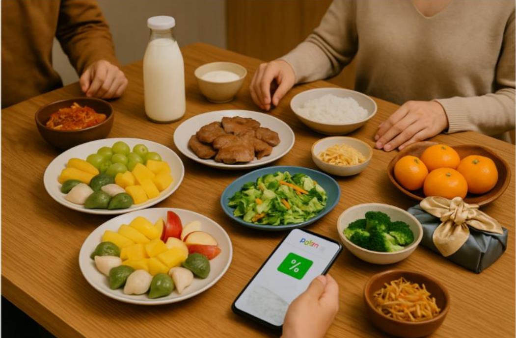 농식품 바우처 혜택으로 과일, 채소, 고기, 유제품 등 다양한 음식이 풍성하게 차려진 가족 식탁 모습