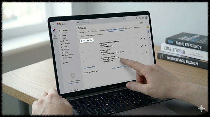 이메일 자동 필터 규칙을 설정하는 Gmail 설정 화면