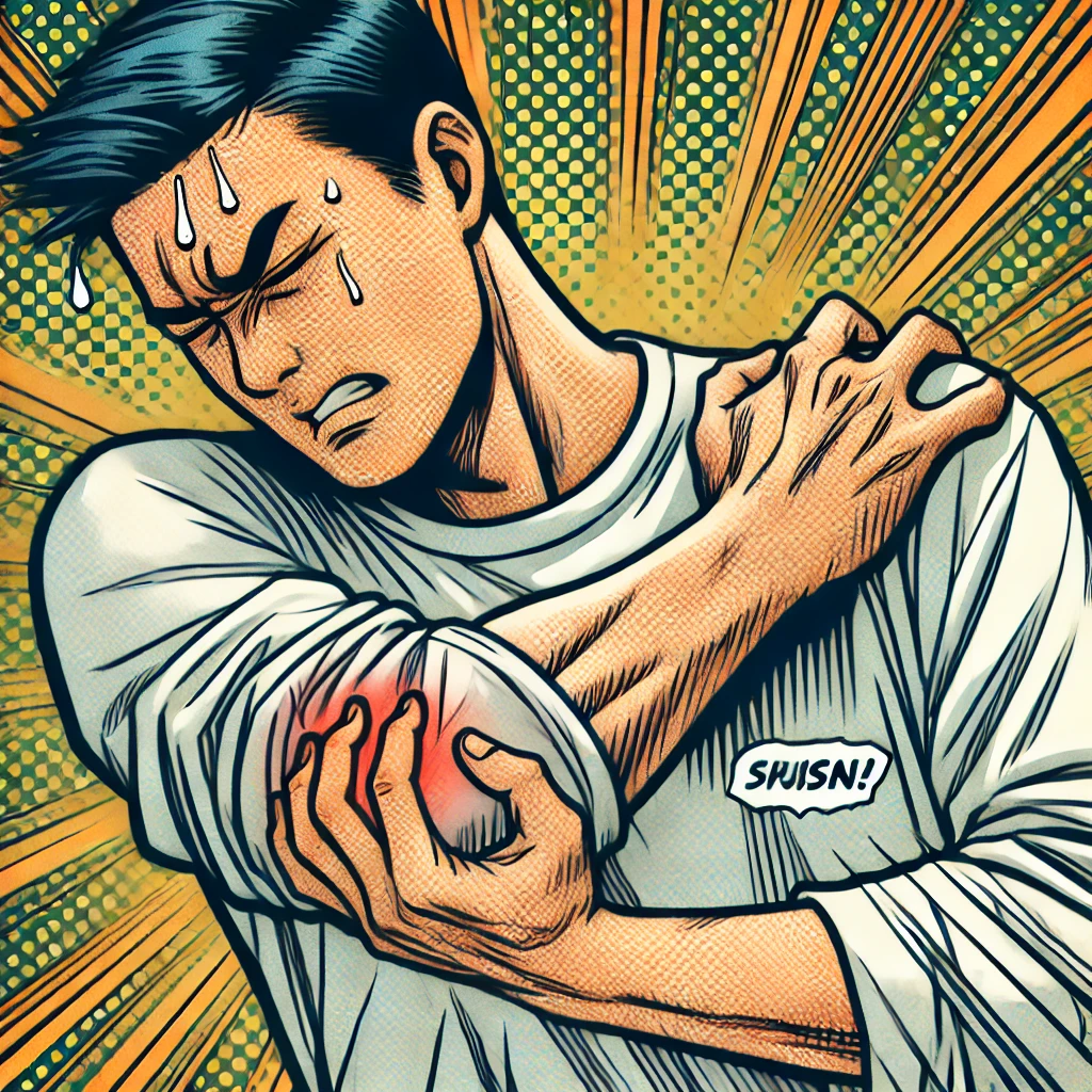 엘보 통증으로 팔꿈치를 잡고 있는 남성