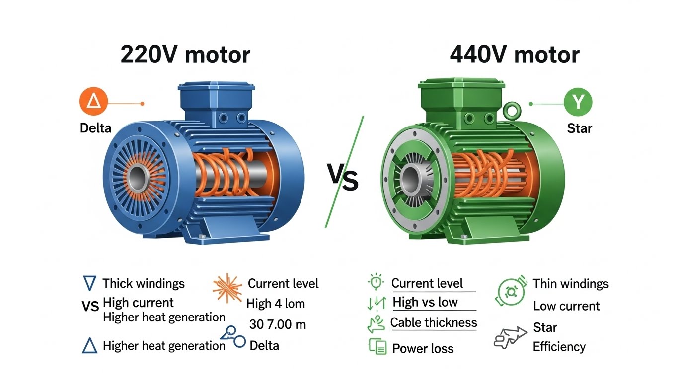 220V 모터와 440V 모터의 구조 차이 및 전기적 특성 분석