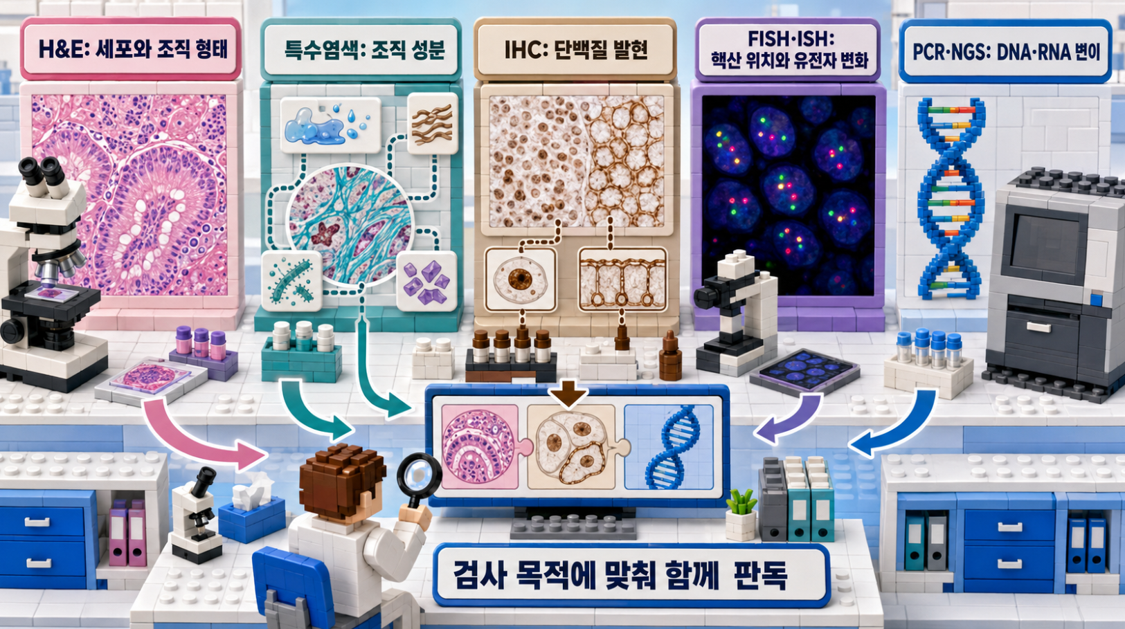 H&E·특수염색·IHC·FISH·ISH·PCR·NGS의 역할과 병리 판독 통합 과정을 비교한 레고 스타일 인포그래픽