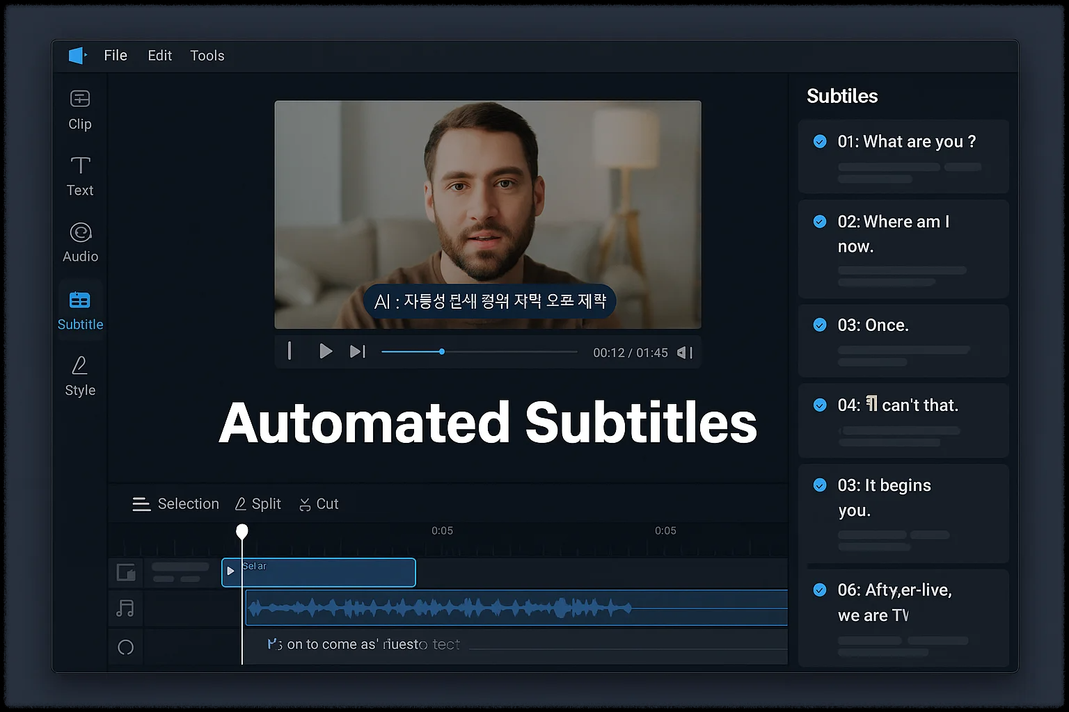 Vrew AI의 자막 자동 생성 기능을 보여주는 영상 편집 화면