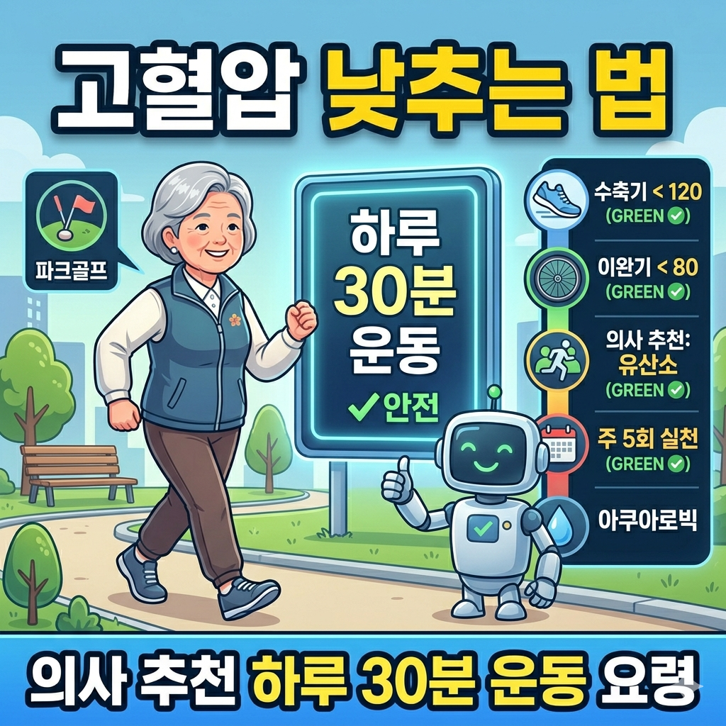 고혈압을 낮추는 의사 추천 하루 30분 유산소 운동 요령과 정상 혈압 기준 수치를 요약한 인포그래픽 썸네일