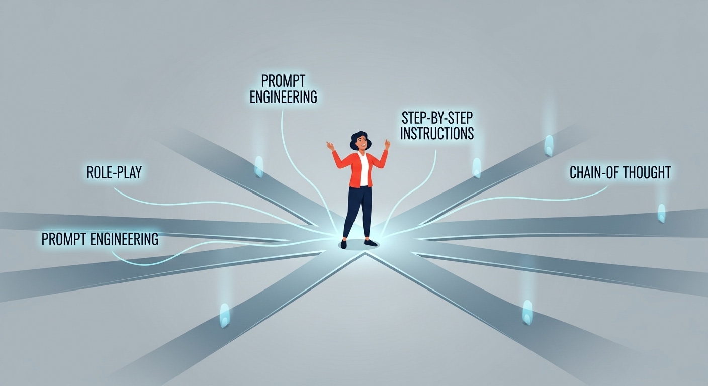 다양한 프롬프트 엔지니어링 전략을 시각화한 이미지. 사람이 갈림길에서 역할 부여, 단계별 지시 등 여러 전략 경로를 선택하는 모습으로, AI 활용법을 제시합니다.