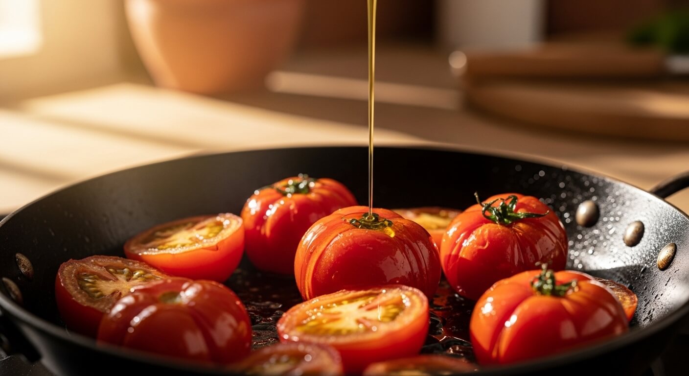 올리브유를 두른 팬 위에서 토마토를 가볍게 익히는 장면, 따뜻한 자연광 아래 윤기 나는 토마토와 떨어지는 올리브유가 강조된 요리 이미지